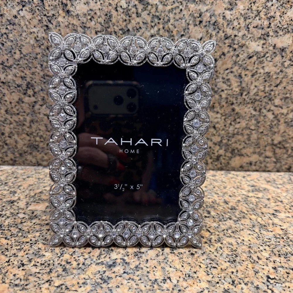 Tahari Home Picture Photo Frame 3.5x5 Silver Jeweled Floral Tabletop Decor